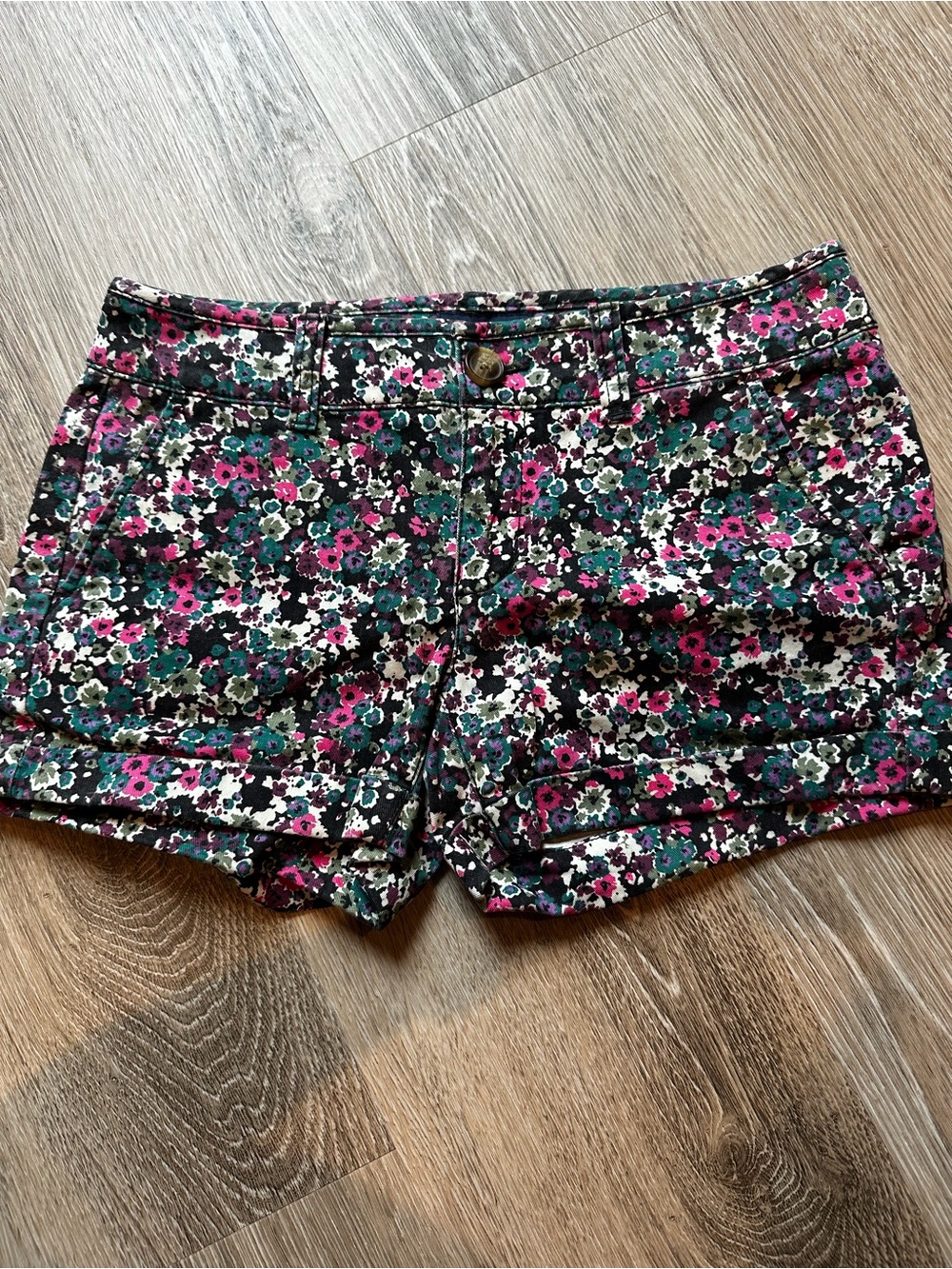 American Eagle Outfitters Floral Print Jean Shorts — Black, Pink & Green